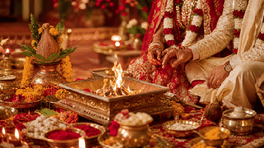 Hindu Marriage Puja mandap setup with havan kund, kalash, flowers and wedding ritual items for vivaah ceremony